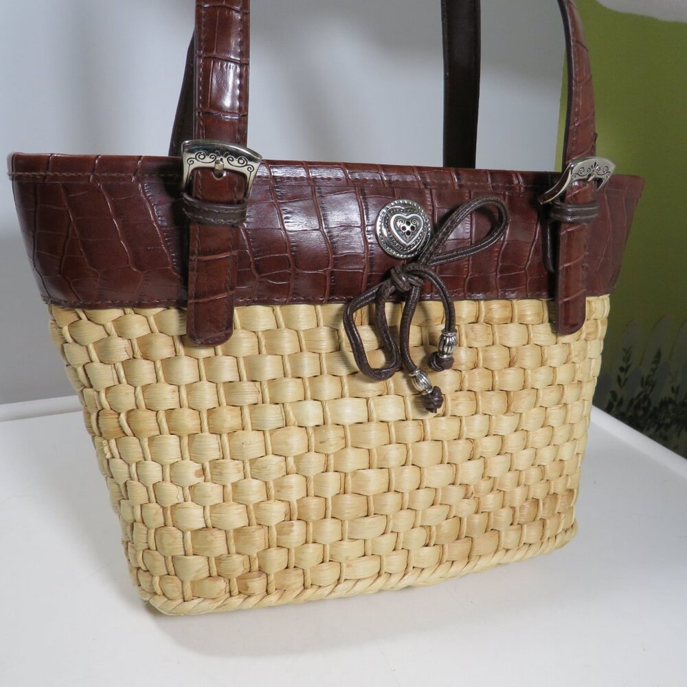 Elka Woven Straw & Faux Alligator Trim Handbag w metal heart hardware